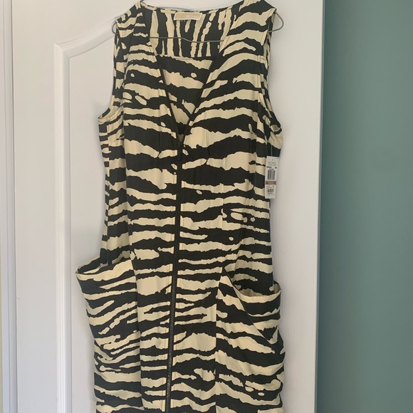 New Michael Kors 100% Silk Zebra Print Zipper Front Shift Dress Size 12 - Picture 2 of 4